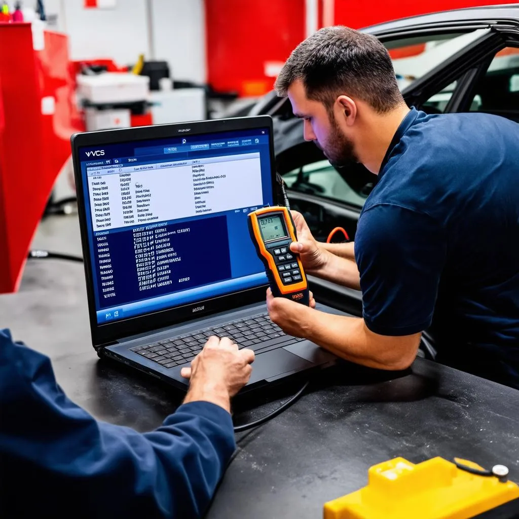 Mechanic Using VCDS on Laptop