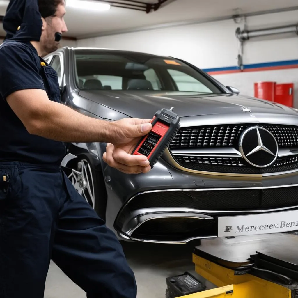 Mechanic Using Diagnostic Tool on Mercedes