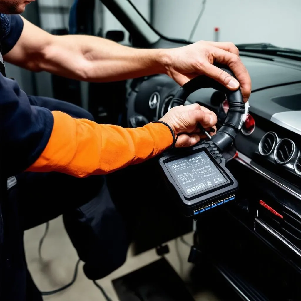 Mechanic Using Diagnostic Tool on Mercedes-Benz