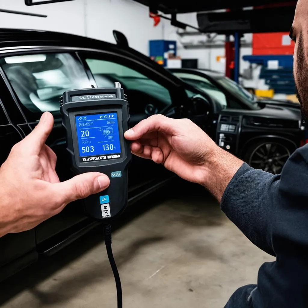 Mechanic using a diagnostic tool