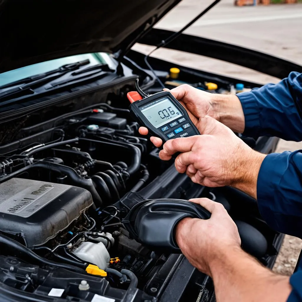 Mechanic using a diagnostic tool