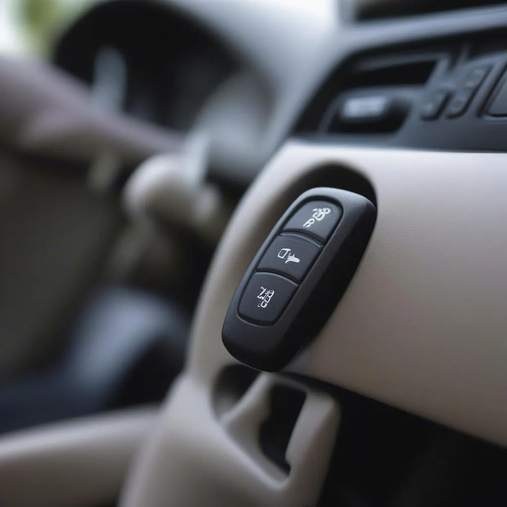 A 2004 Mazda 3 key fob lying on the car's dashboard.