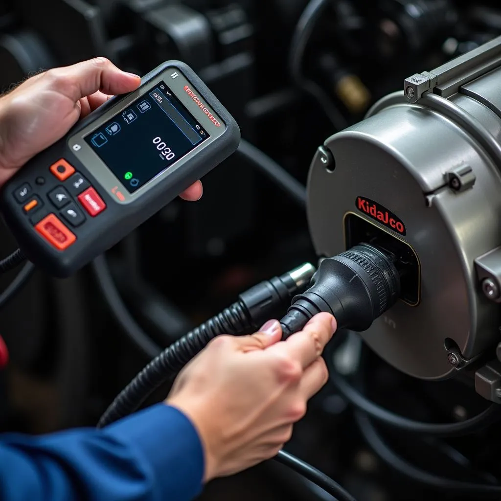 Mechanic connecting a diagnostic scanner to a car's OBD-II port