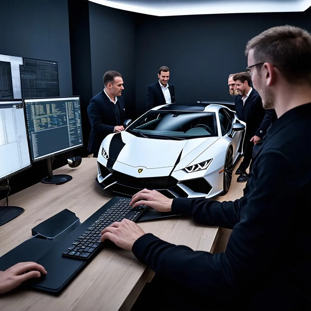 A team of designers working on a Lamborghini car model using advanced 3D modeling software on their computers.