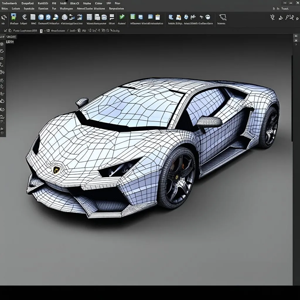 A close-up shot of a digital 3D model of a Lamborghini being sculpted and refined on a computer screen, showcasing the intricate details and smooth surfaces.