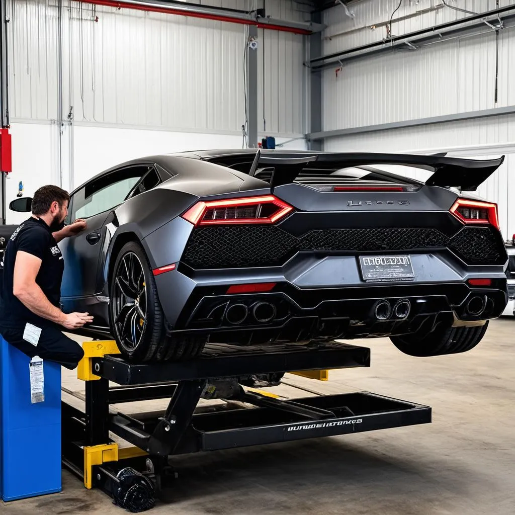 Lamborghini Huracan on a lift for suspension inspection