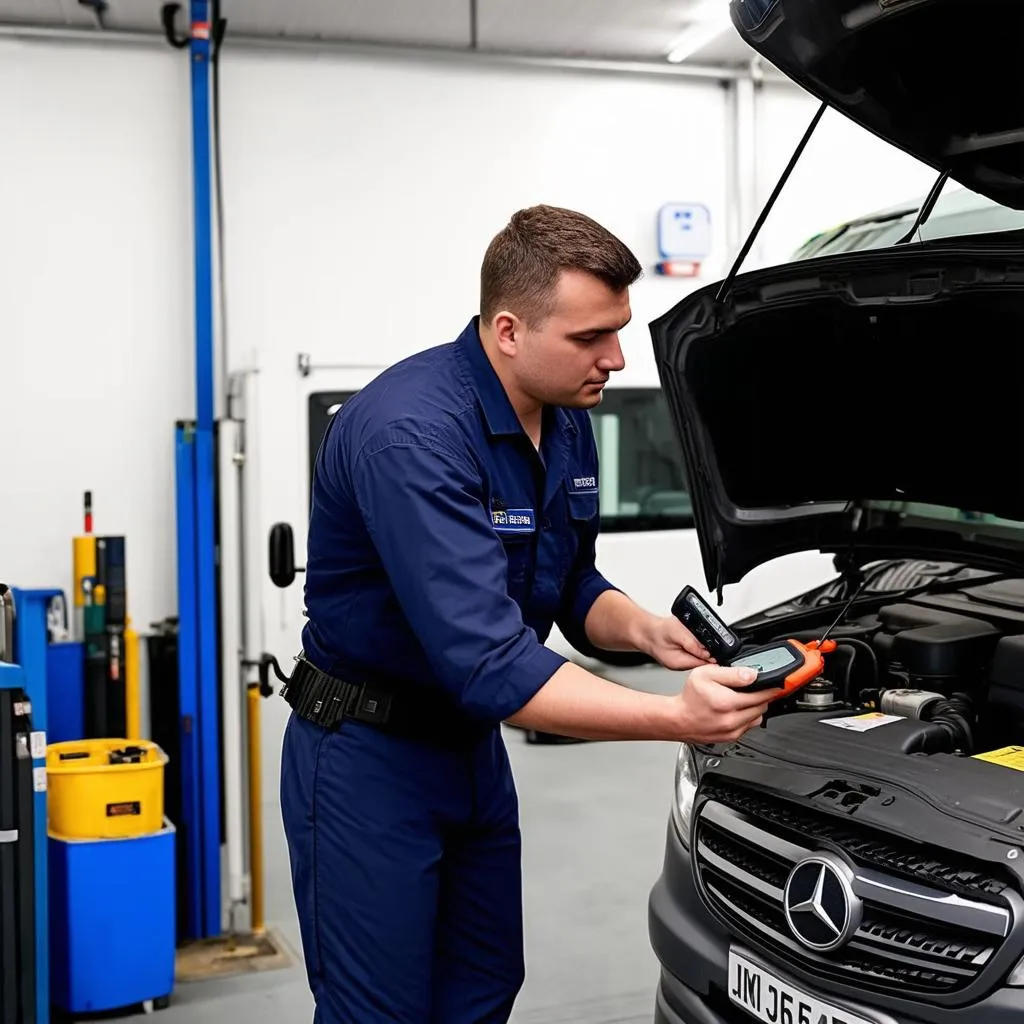 Mechanic analyzing scan tool data while working on a Mercedes Sprinter van