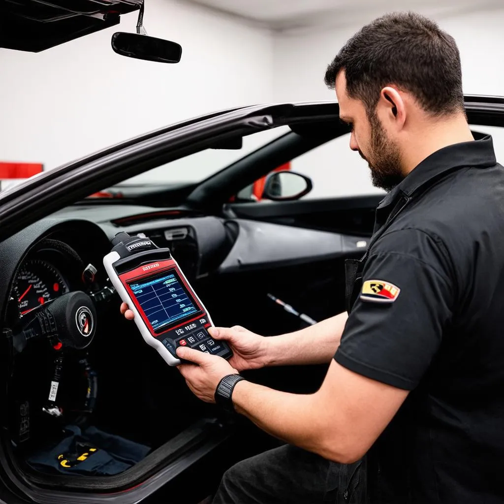 Mechanic Analyzing Lamborghini Diagnostic Data