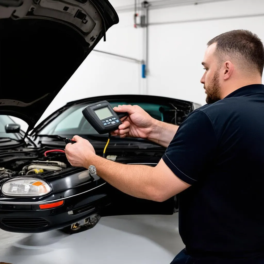 A mechanic plugging a 2003 Mercedes S500 scan tool into a car's OBD-II port