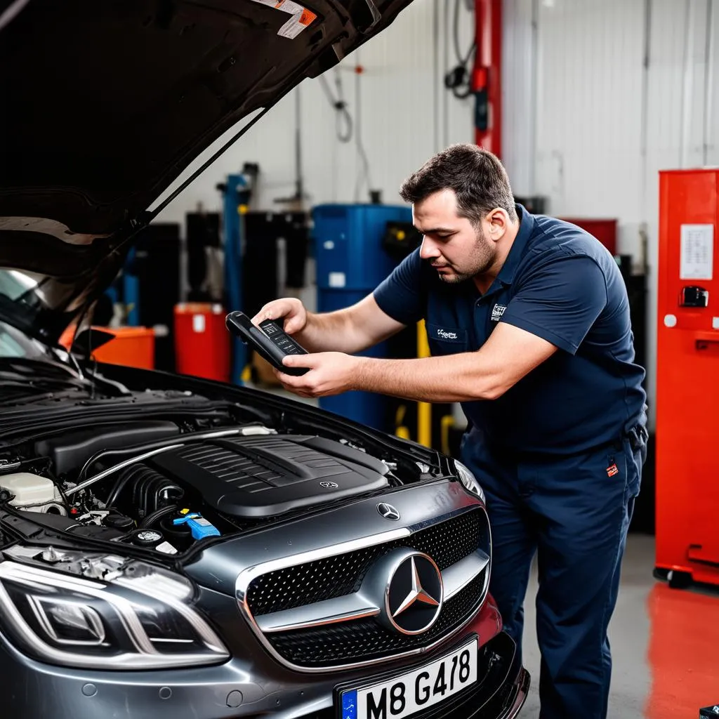 Mercedes Mechanic using diagnostic tool