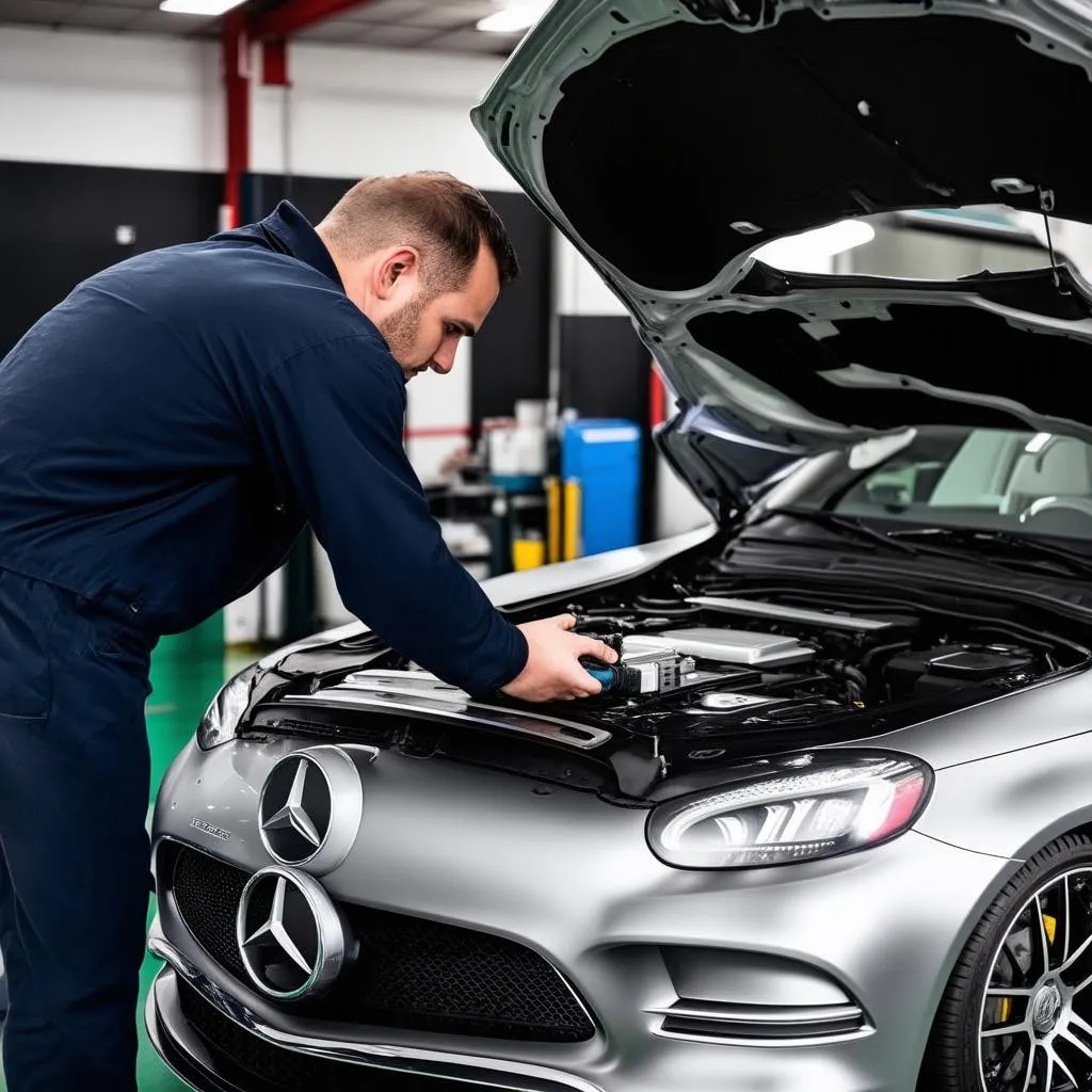 Mechanic Using Diagnostic Tool on Mercedes