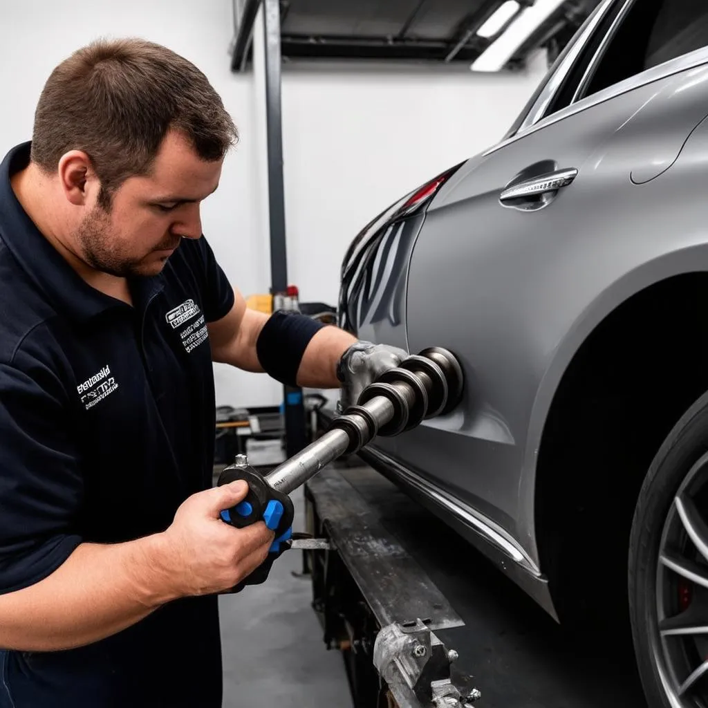 Mechanic working on a Mercedes drive shaft