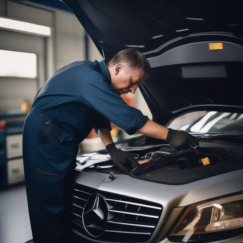 Mechanic Using a Diagnostic Tool on a Mercedes Benz Engine