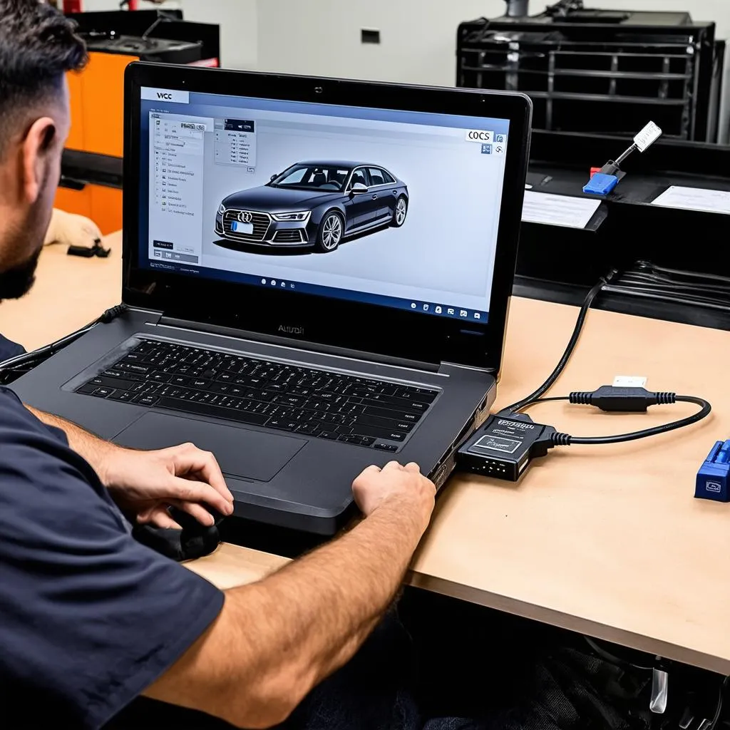 Mechanic using VCDS to diagnose an Audi