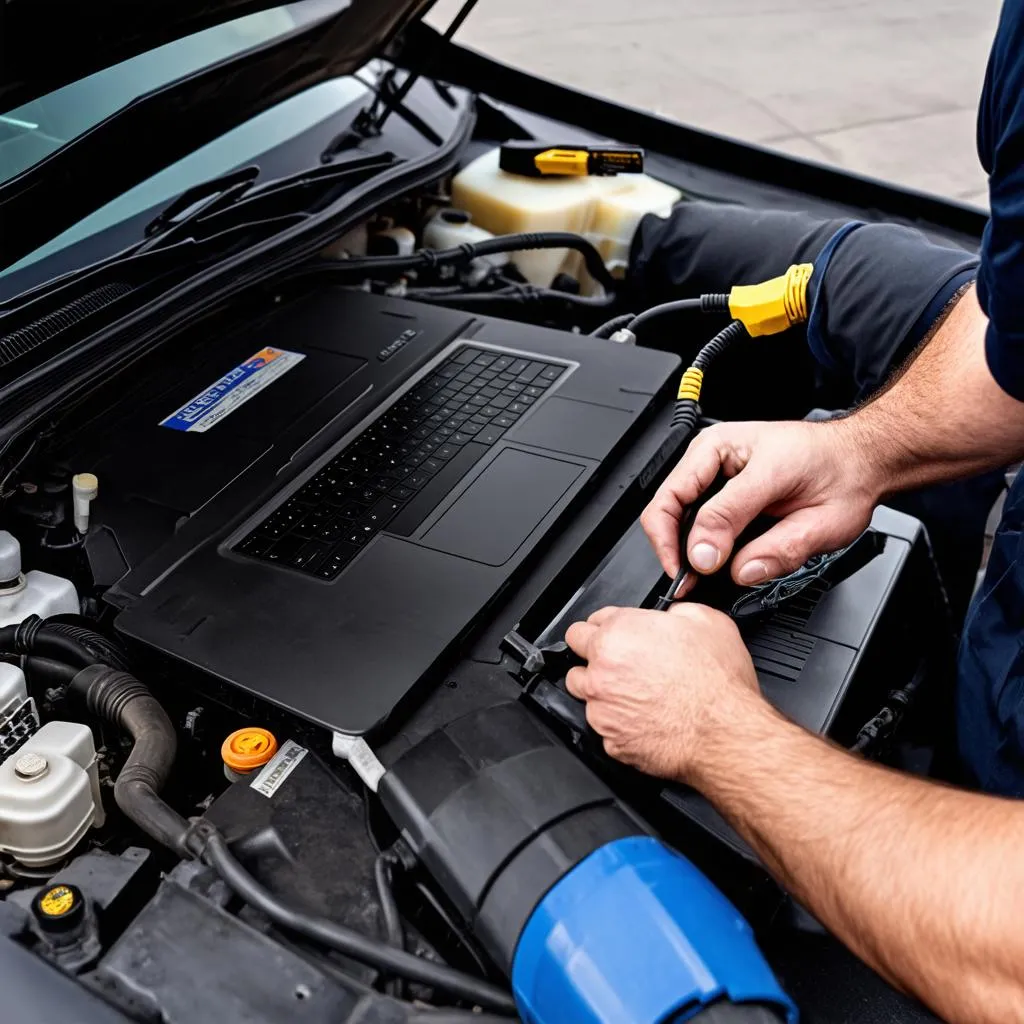 Mechanic using VCDS KKL 409.1 and laptop to diagnose a car