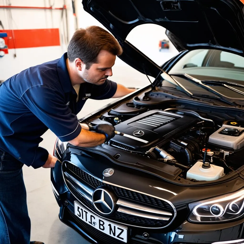 Mechanic Working on Mercedes Engine