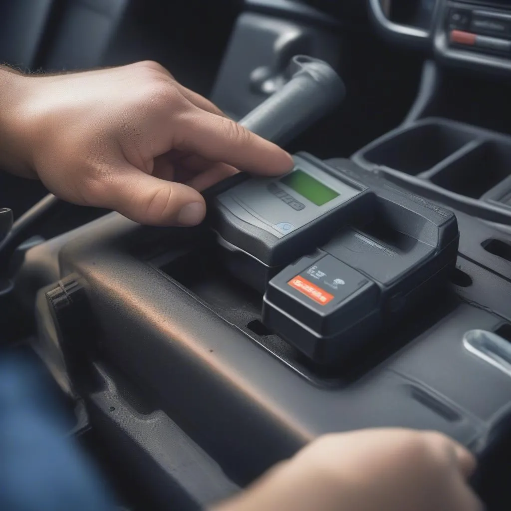 A mechanic plugs an OBD-II scanner into a car's diagnostic port