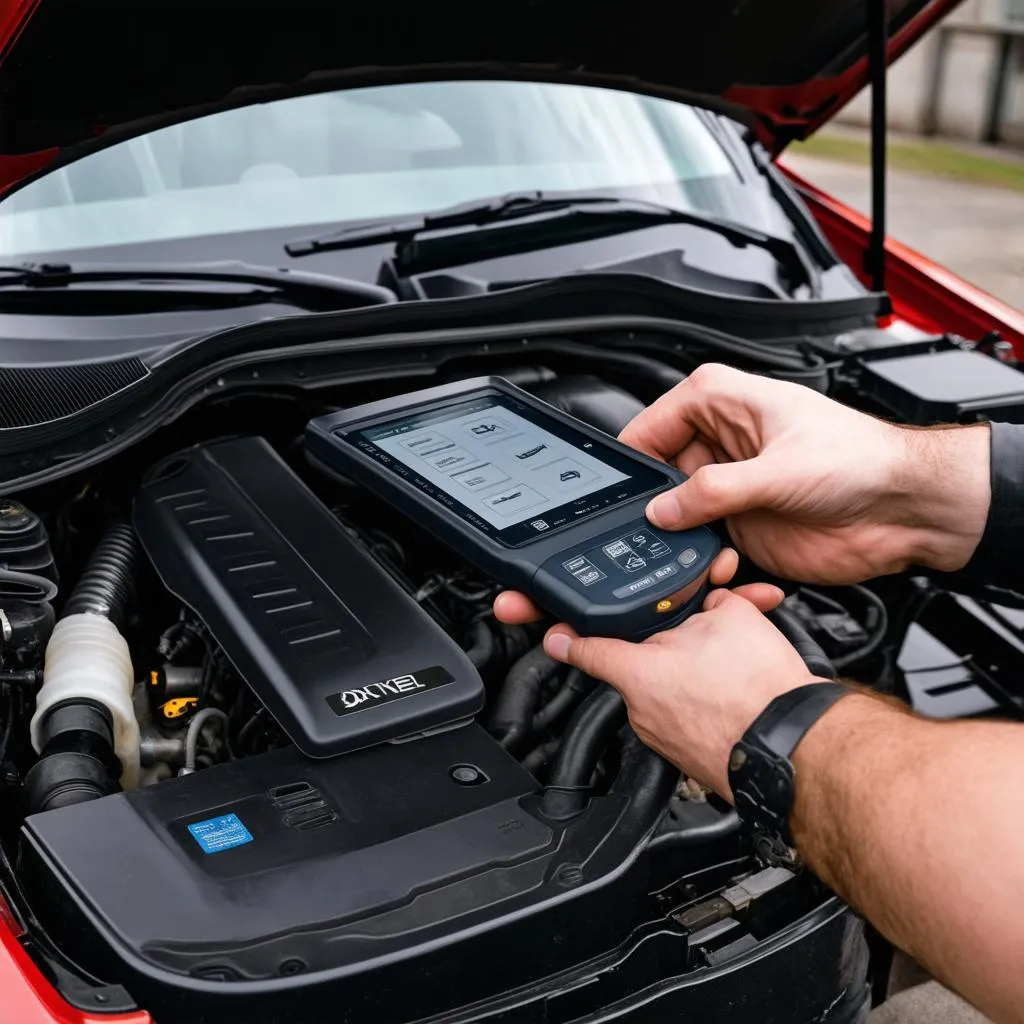 Mechanic Using Scanner on Mercedes Engine