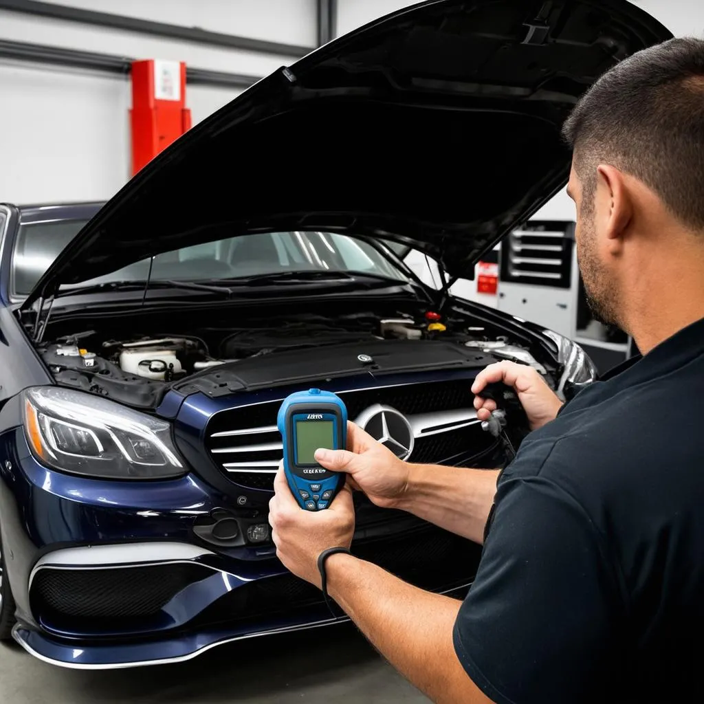 Mechanic diagnosing a Mercedes