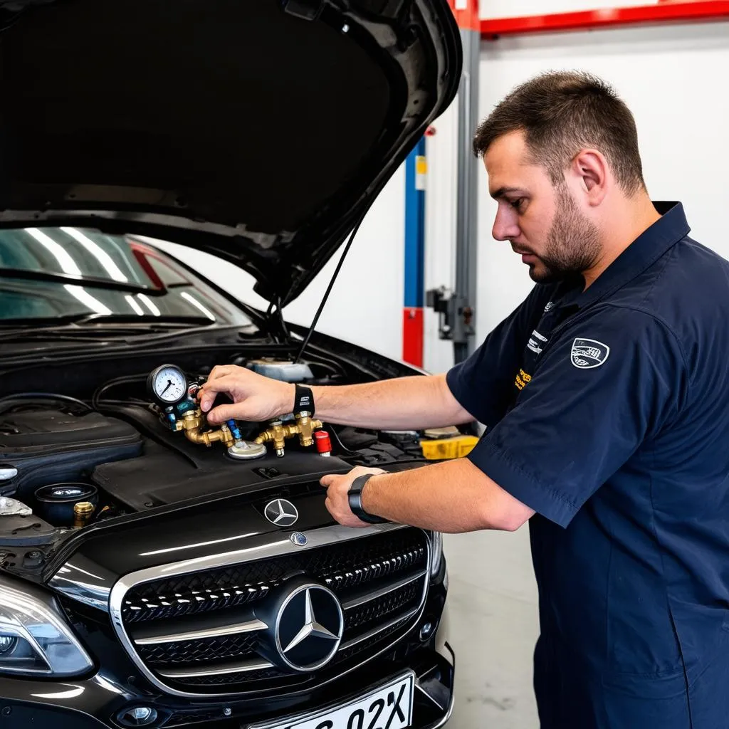 Mechanic working on Mercedes AC system