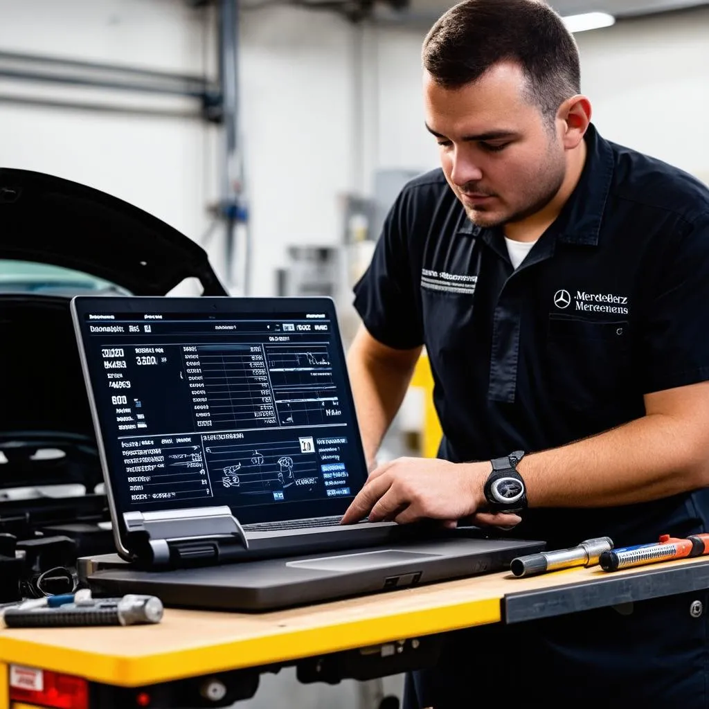 Mercedes mechanic using diagnostic equipment