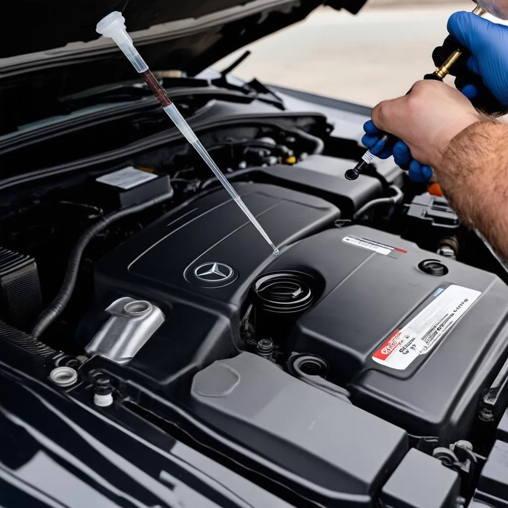 A Mercedes transmission dipstick being used to check fluid levels