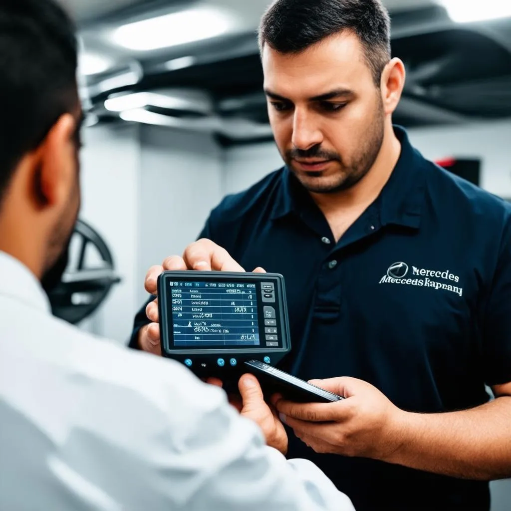 Mercedes Mechanic Explaining Diagnostic Results