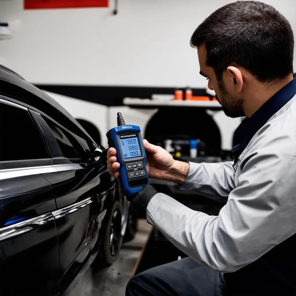 Mercedes mechanic connecting the HEX tool to a car's OBD-II port