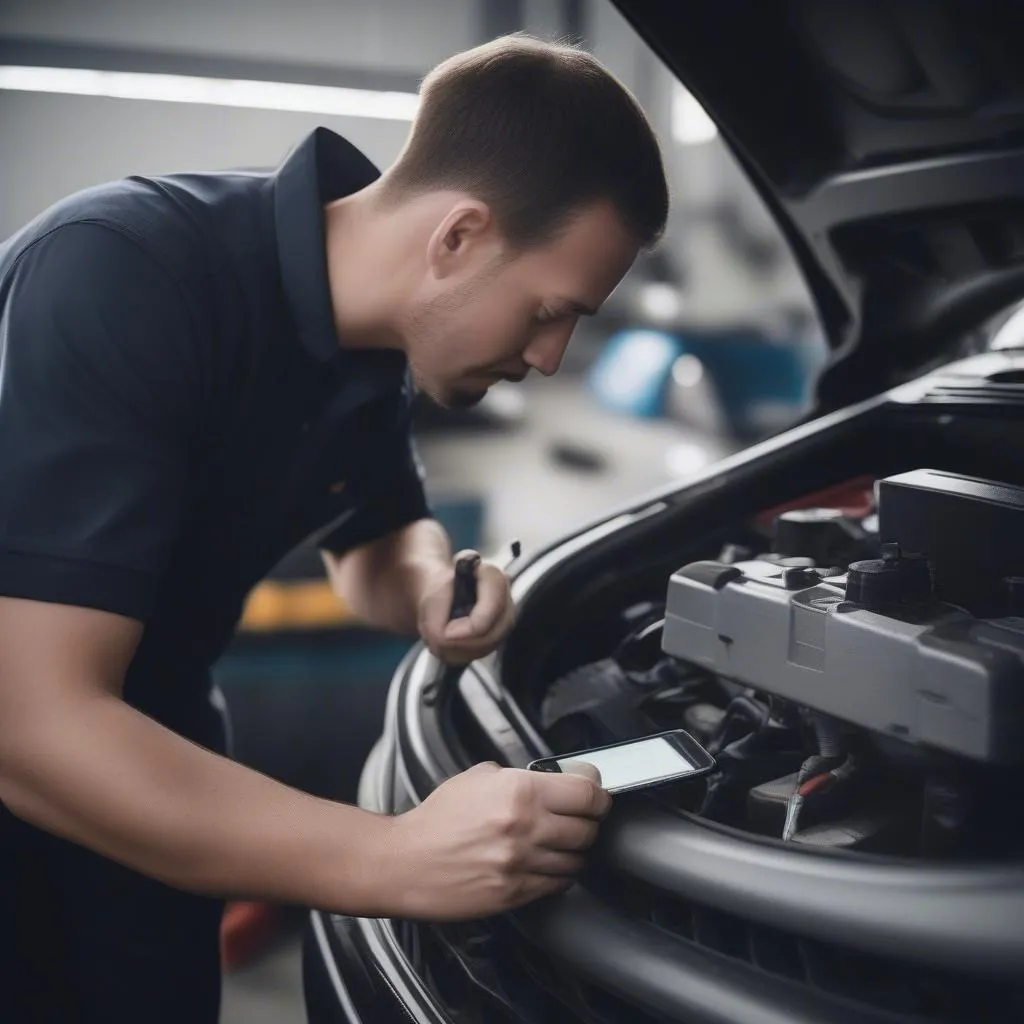 Mechanic using a diagnostic tool on a Mercedes Sprinter