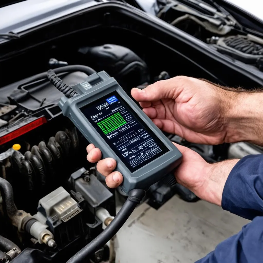 A professional-grade diagnostic scanner connected to the OBD-II port of a Mercedes-Benz W140.