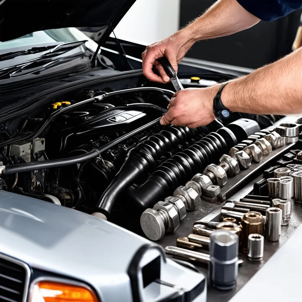 A close-up view of the engine bay of a Mercedes-Benz W140, showcasing the complex engine and various components.