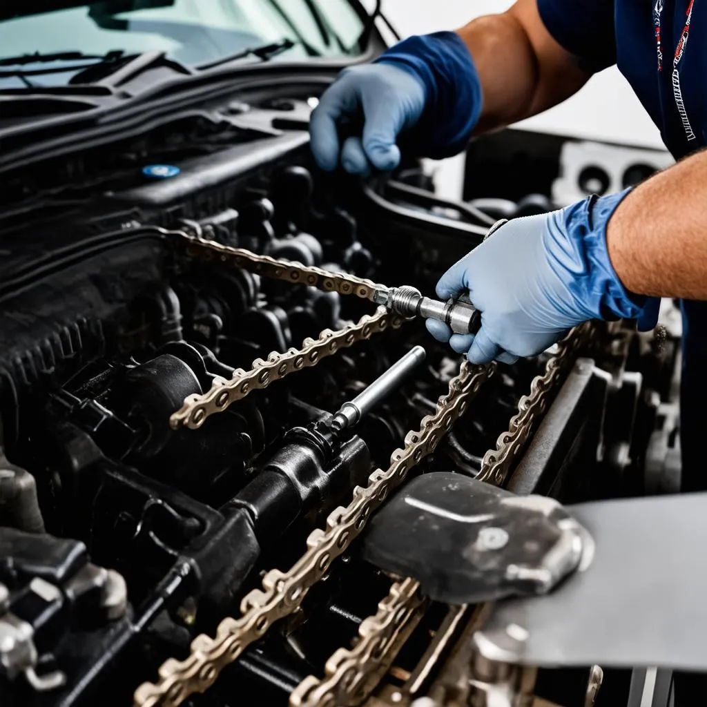 Mercedes mechanic using a chain riveting tool