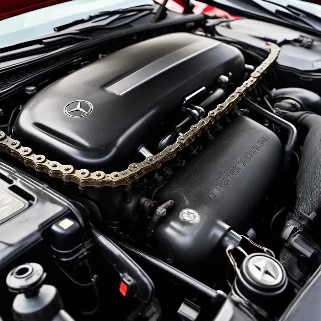 Close-up view of a Mercedes engine with timing chain