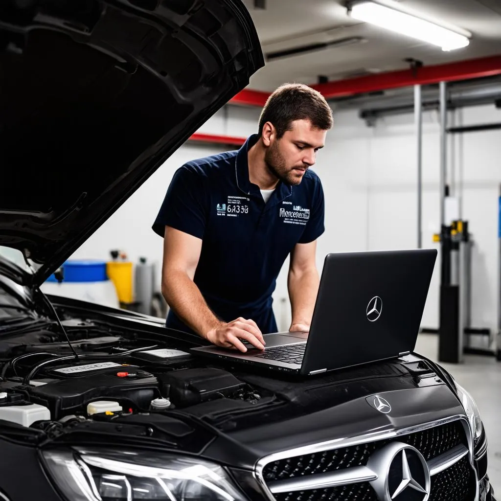 Mercedes mechanic using a laptop for diagnostics