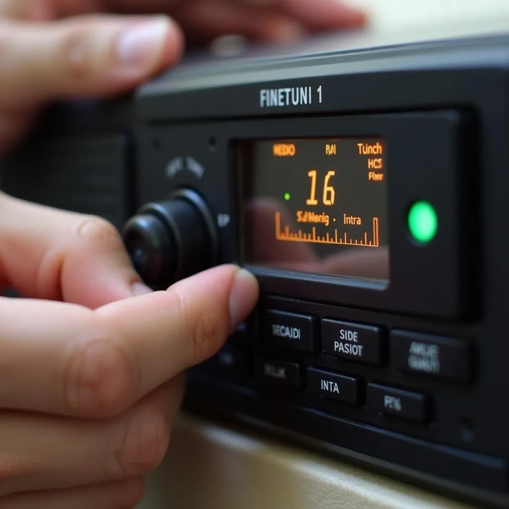 A hand adjusting the FM frequency on an Agptek Bluetooth FM transmitter to find a clear channel.