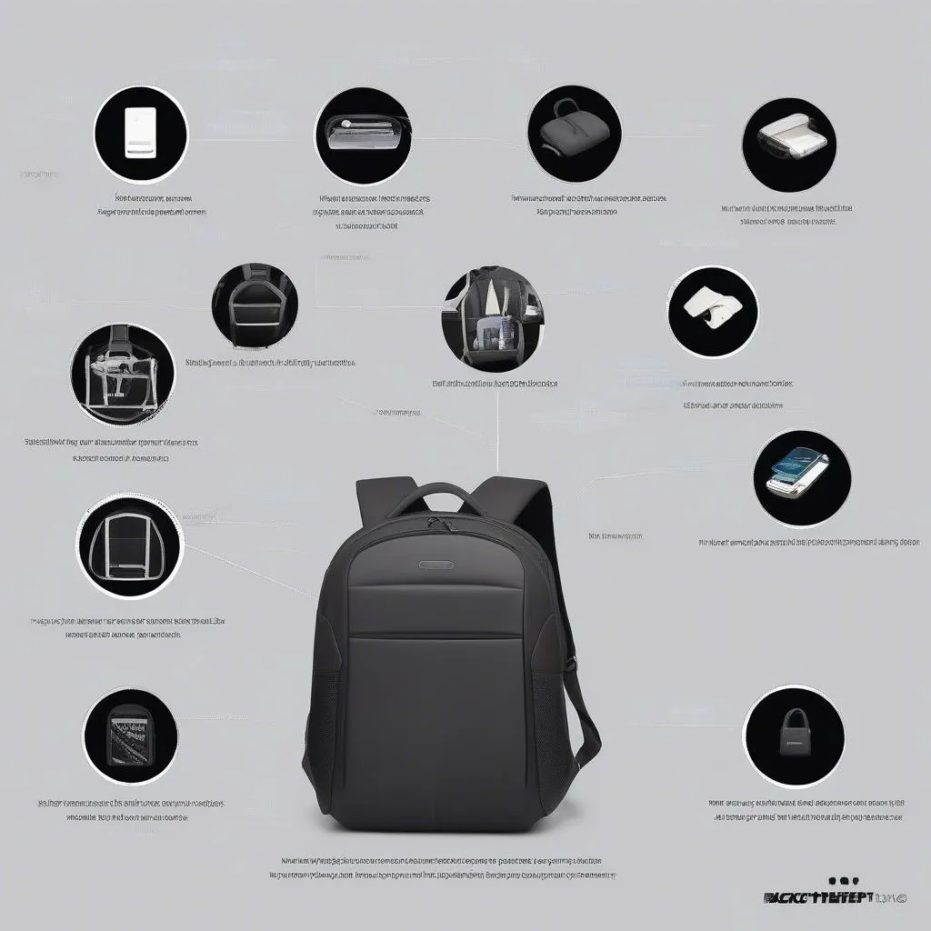 A diagram illustrating the key features of an anti-theft backpack