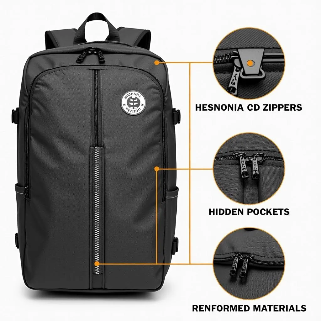 Close-up of anti-theft backpack features, including hidden zippers and charging ports.