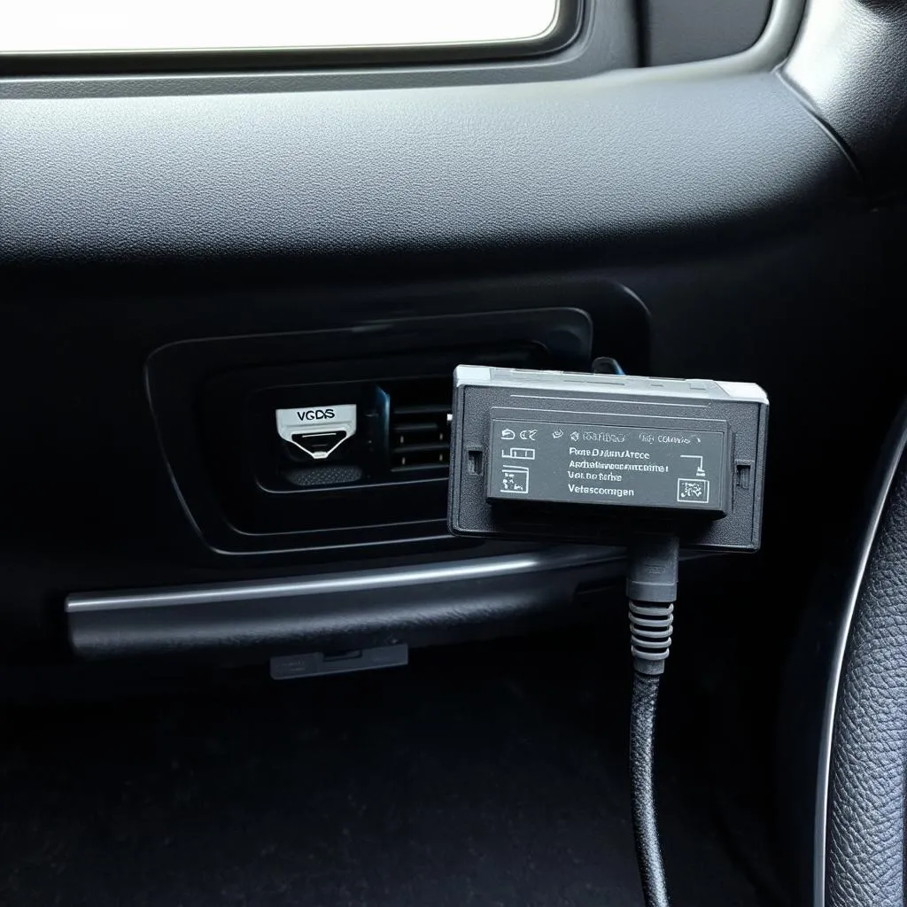 VCDS interface connected to a car's OBD-II port