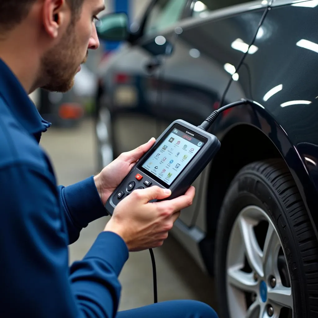 Automotive electrician diagnosing a car