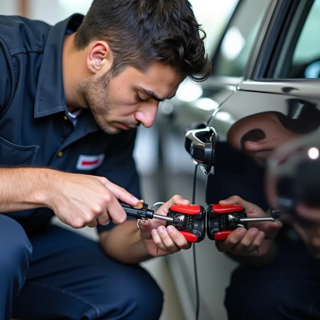 Automotive locksmith working on a car door lock