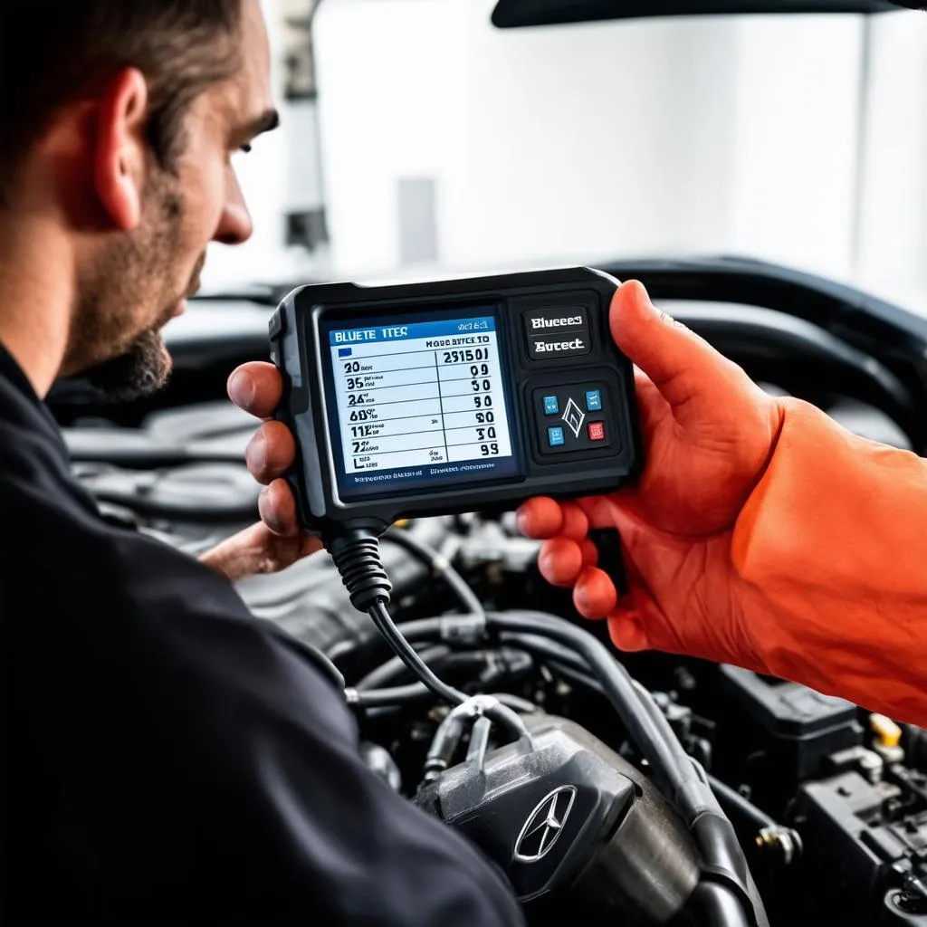 Mechanic using a scan tool on a Mercedes BlueTEC engine