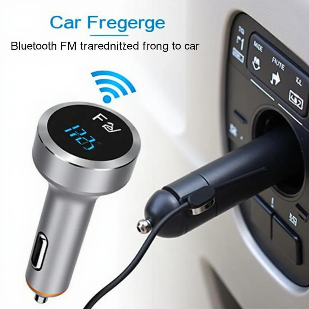 Bluetooth FM transmitter plugged into car cigarette lighter