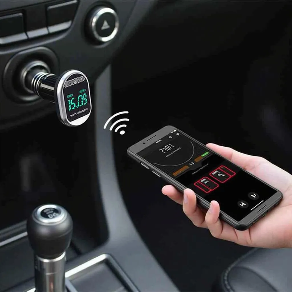 Bluetooth FM Transmitter Connected to Car's Cigarette Lighter