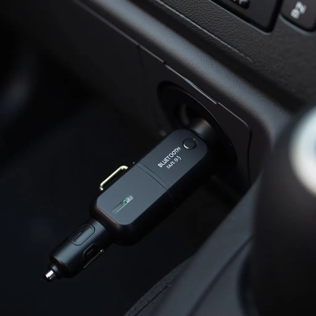 Bluetooth FM transmitter connected to car's cigarette lighter socket