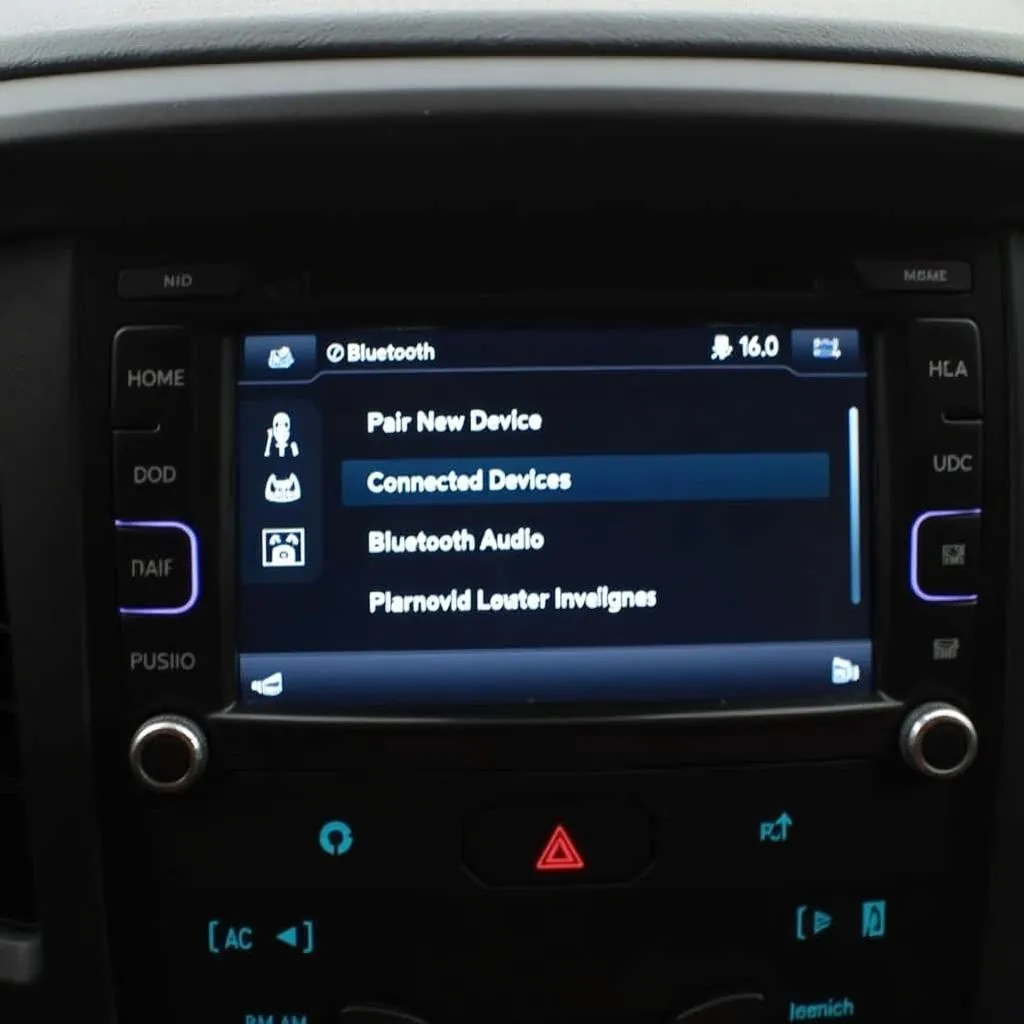 Bluetooth settings menu on a car radio