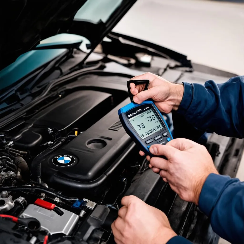 BMW Mechanic Using Scanner