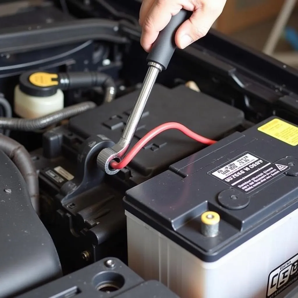 Disconnecting the negative terminal of a Cadillac CTS car battery.