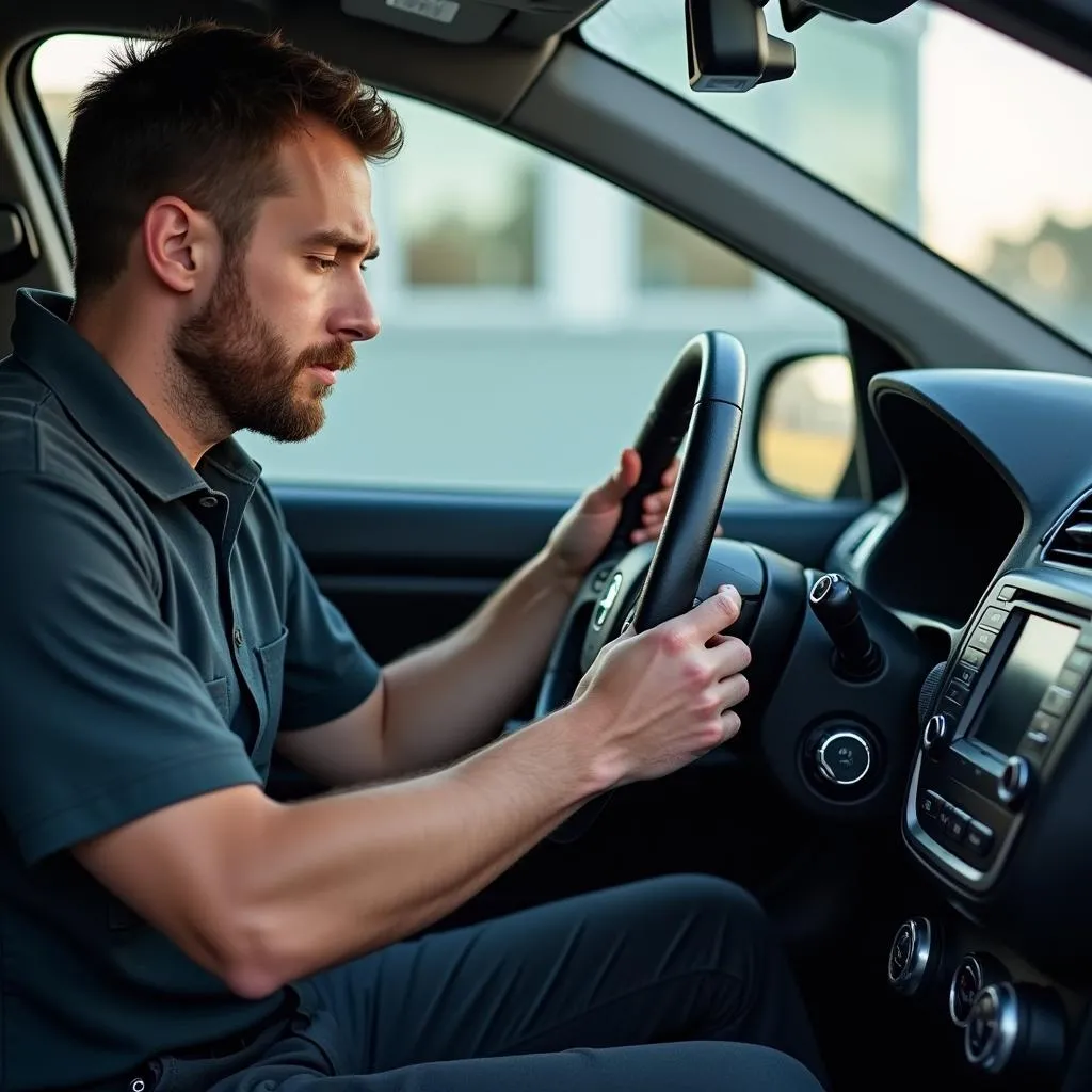 Technician installing a car alarm system