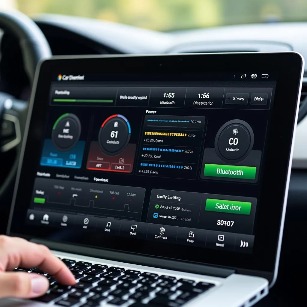 Car audio diagnostics software interface on a laptop