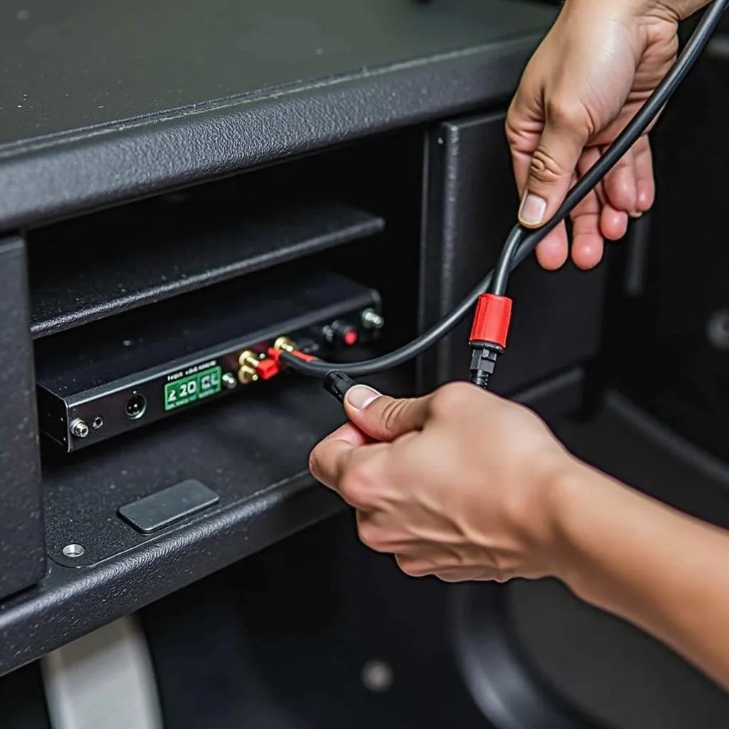 Photo of a car audio installation process showing speaker wire connection